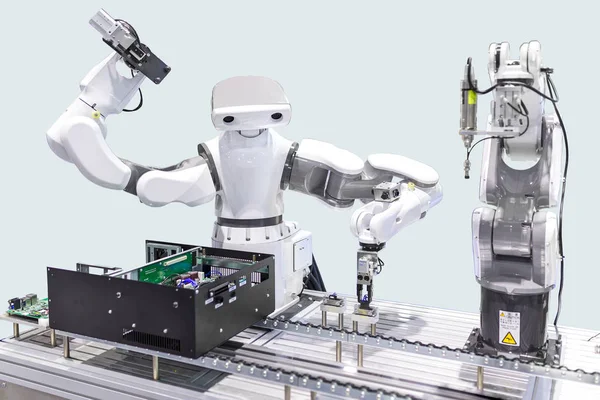 Industrial Robot Installing Computer Chip Production Line Factory Controller Robotic — Stock Photo, Image