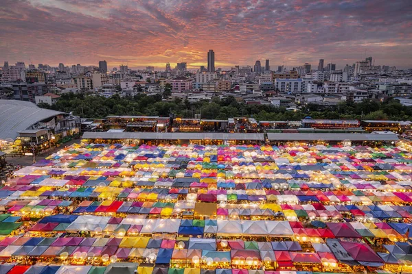 Train Night Market Ratchada with Multi-colored tents in Bangkok, Thailand