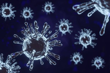 Kanın mikroskop altında grip COVID-19 virüs hücresinin görüntüsü. Coronavirus Covid-19 salgını geçmişi. Hastalık hücresi ile birlikte salgın sağlık riski konsepti.