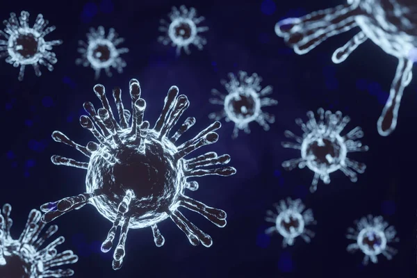 Image of Flu COVID-19 virus cell under the microscope on the blood.Coronavirus Covid-19 outbreak influenza background.Pandemic medical health risk concept with disease cell as a 3D render.