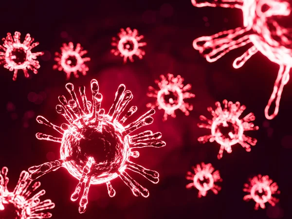 血液中の顕微鏡下でのインフルエンザCovid 19ウイルス細胞の画像コロナウイルスCovid 19流行インフルエンザの背景疾患細胞を3Dレンダリングとして用いたパンデミック医療リスクコンセプト — ストック写真