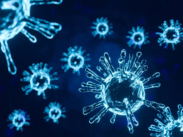 血液中の顕微鏡下でのインフルエンザCovid 19ウイルス細胞の画像コロナウイルスCovid 19流行インフルエンザの背景疾患細胞を3Dレンダリングとして用いたパンデミック医療リスクコンセプト — ストック写真