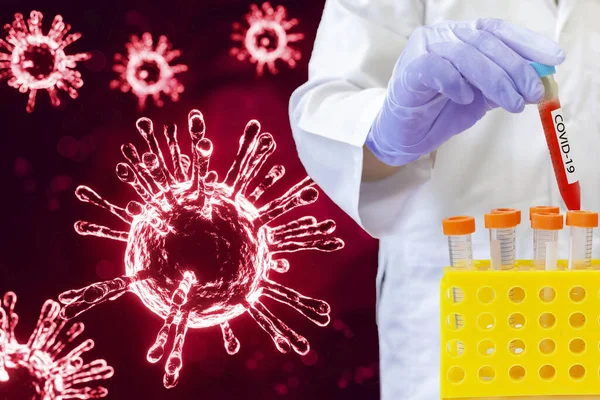 연구소에서 코로나 바이러스에 생물학적 튜브를 미생물학자 Covid 레이블 — 스톡 사진