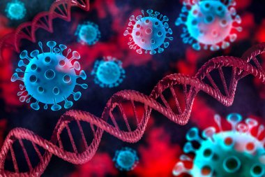 Kanın mikroskop altında grip COVID-19 virüs DNA hücresi görüntüsü. Coronavirus Covid-19 salgını geçmişi. Hastalık hücresi ile birlikte salgın hastalık riski kavramı.