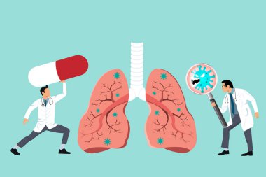 Doktor, büyüteçle akciğere zarar verenleri inceliyor. Coronavirus hücreleri zarar görmüş. Korkunç ve şeytani suratlı COVID-19 akciğer yiyor. 2019-nCoV konsepti.