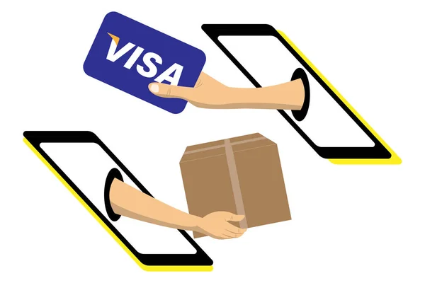 Man Mão Detém Americano Cartão Crédito Pagar Para Pacote Compras —  Vetores de Stock