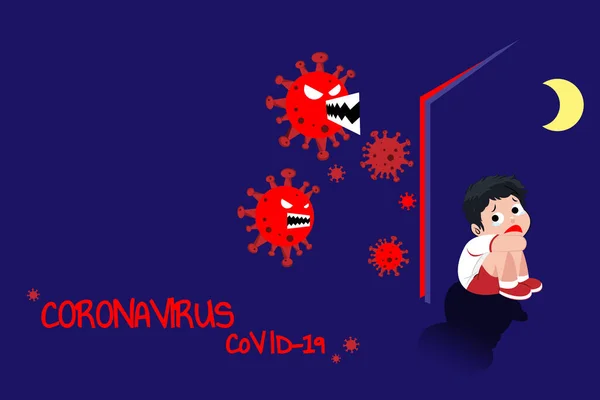 Jongen Verschuilt Zich Achter Deur Met Angst Eenzaamheid Tijdens Coronavirus — Stockvector