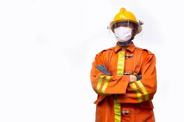 Firefighter Rescue Fireman Standing Portrait Wear Protective Mask Prevent Coronavirus — Stock Photo, Image