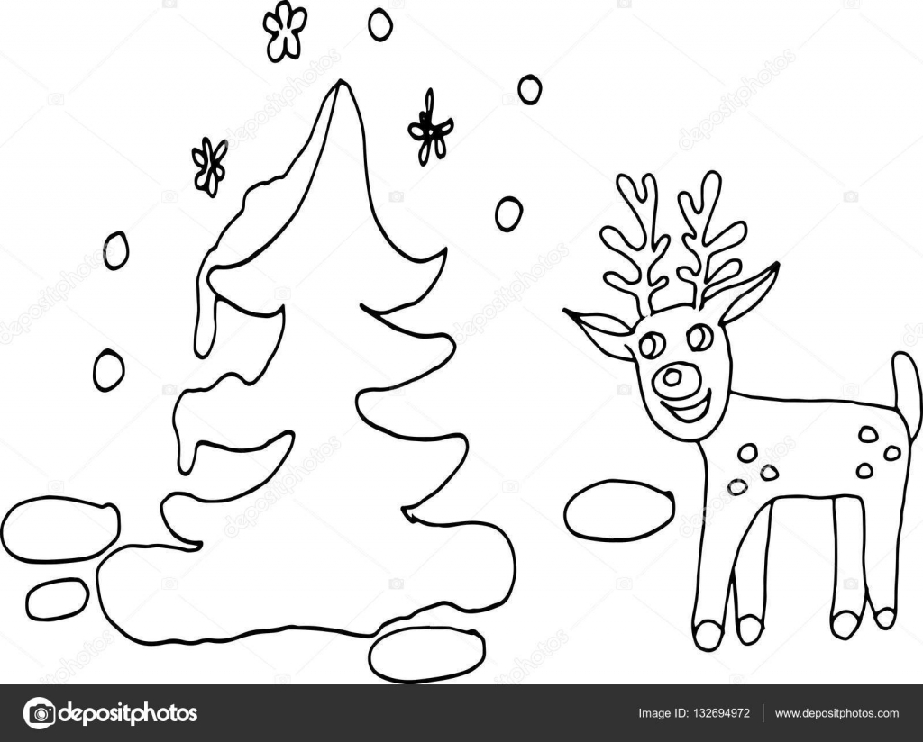 Croquis d arbre dr´le de cerfs et de sapins pour livre de coloriage pour enfants — Image vectorielle