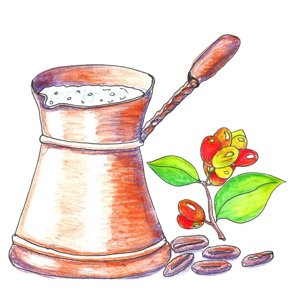 Turco aquarela de grãos de café e café . — Fotografia de Stock