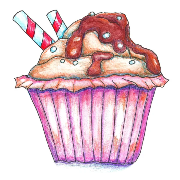 Cupcake à l'aquarelle. Isolé sur blanc. Illustration dessinée main . — Photo