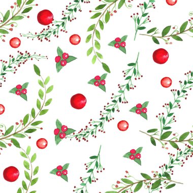 Sulu Boya sealess desen. Dalları, yaprakları, çilek.