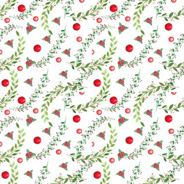 Sulu Boya sealess desen. Dalları, yaprakları, çilek.