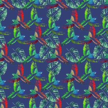 Sulu Boya Dikişsiz desen. Tropikal arka plan. Papağan, palm