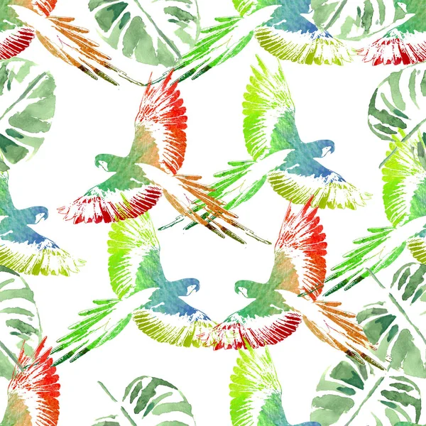 Watercolor seamless pattern. Tropical background. Parrots,  palm