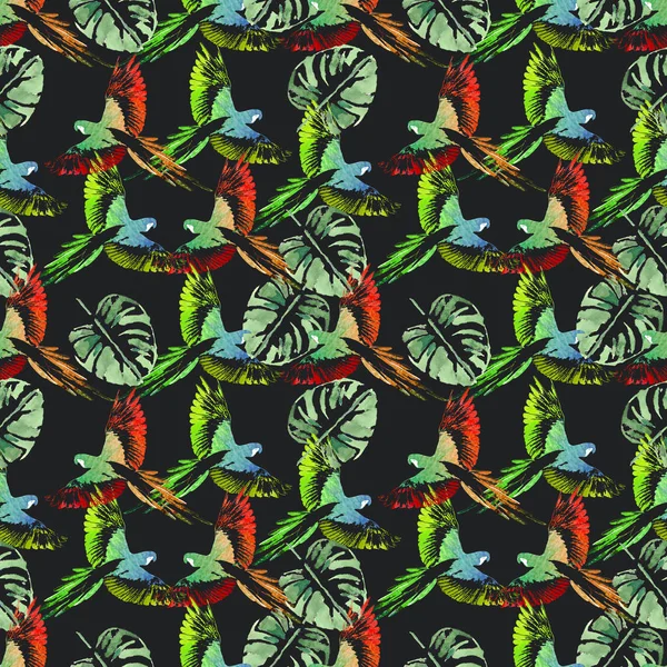 수채화 완벽 한 패턴입니다. 열 대의 배경입니다. 앵무새, 팜 — 스톡 사진
