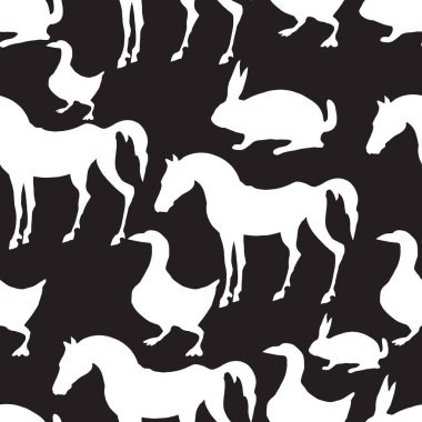 Vektör seamless modeli. Çiftlik hayvanları. At, kaz, tavşan. 