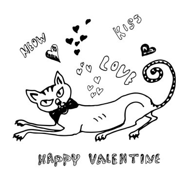 Elle çizilmiş sevimli kedicik. Mutlu Sevgililer günü kartı. Kroki. 
