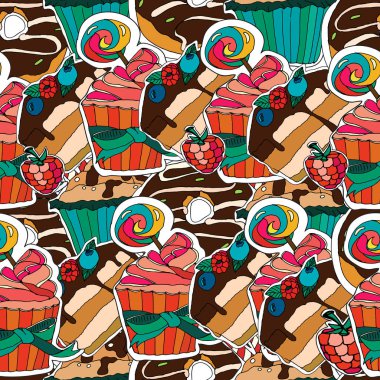 Vector seamles pattern. Desserts, muffins, cupcakes, candies,  clipart