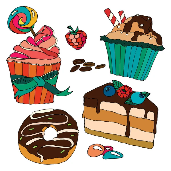 Ensemble vectoriel de pâtisserie. Desserts, muffins, cupcakes , — Image vectorielle
