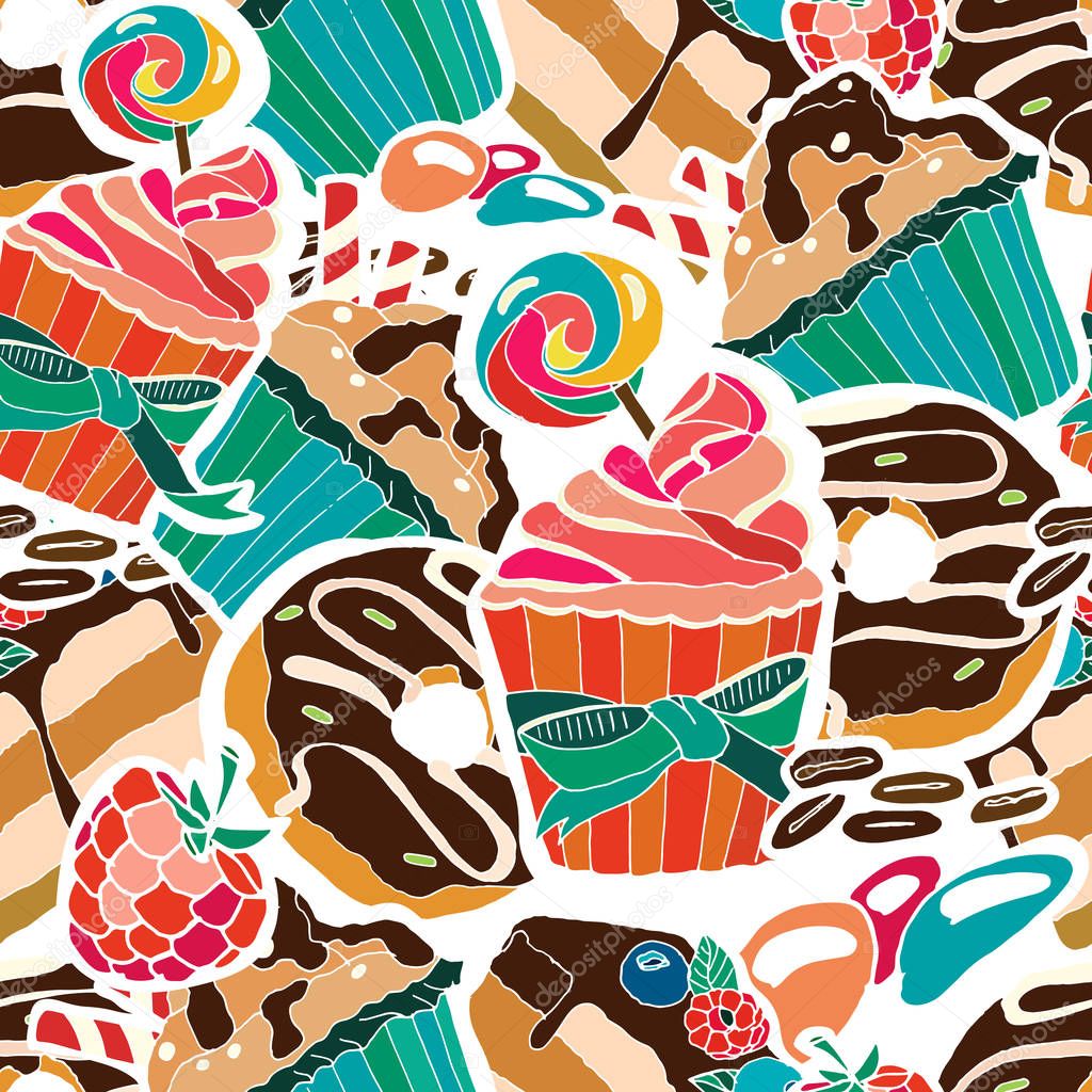 Vector seamles pattern. Desserts, muffins, cupcakes, candies, 