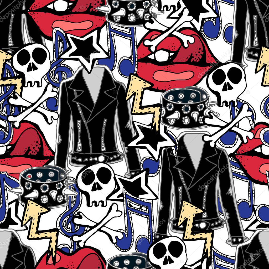 Vector seamless pattern. Rock n roll accessories, music, drums, 