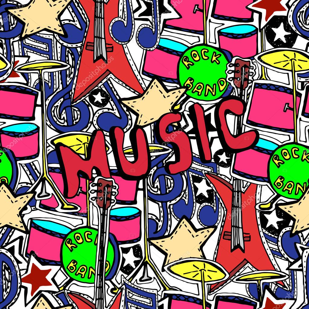 Vector seamless pattern. Rock n roll symbols, music, drums, guit