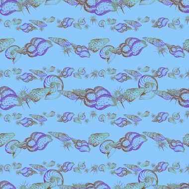 Sulu Boya egzotik seamless modeli. Kabuklu deniz ürünleri. Sualtı canlıları.