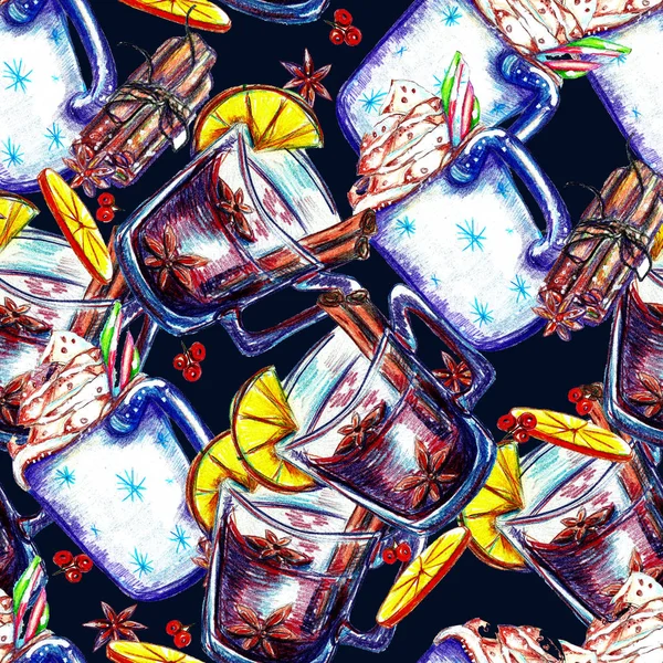 水彩のシームレスなパターン。ココア クリームと marshma のマグカップ — ストック写真