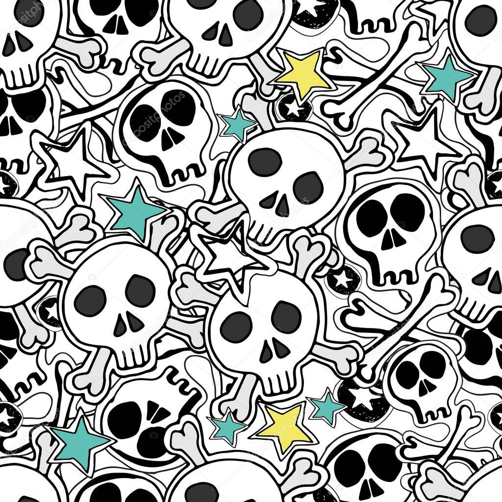 Skulls and bones. Vector seamless pattern. Hand drawn illustrati