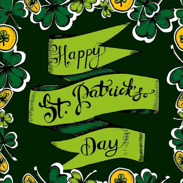 Vector hand drawn greeting card with clovers, shamrocks. — Stock Vector