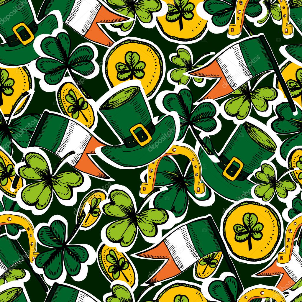 Vector hand drawn greeting card with clovers, shamrocks.