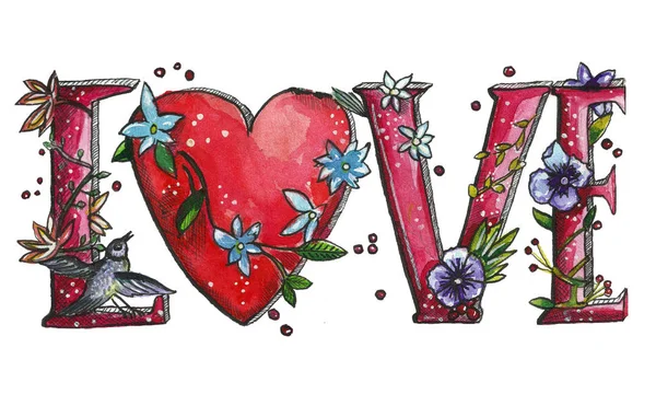 Hand written word "Love" Watercolor  illustration. — Stock Photo, Image