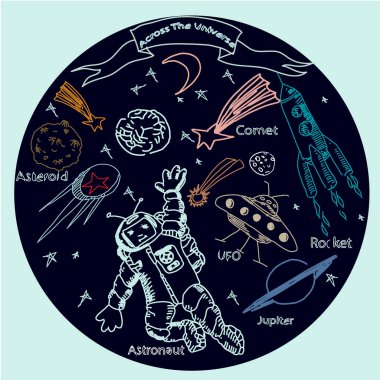 El vektör çizim çekilmiş. Astronot ve uzay nesneleri.