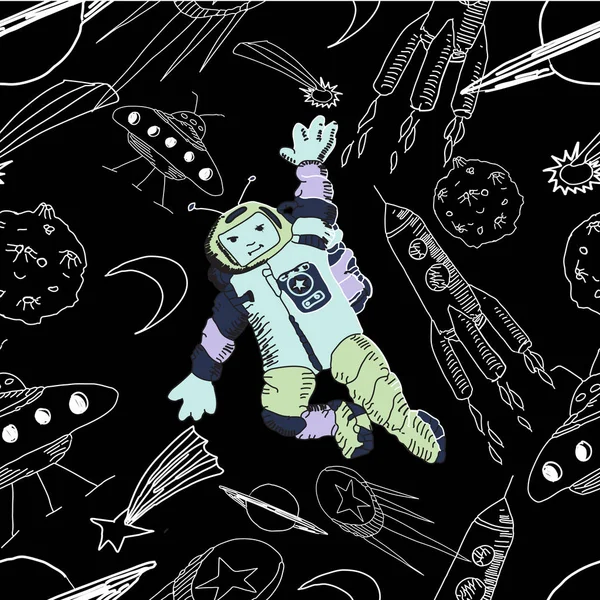 Hand drawn vector seamless pattern. Astronaut and space objects.