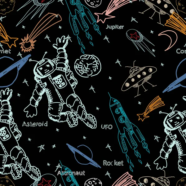 Modèle sans couture vectoriel dessiné à la main. Astronaute et objets spatiaux . — Image vectorielle