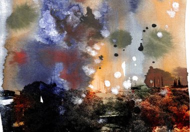 Dijital illüstrasyon. Suluboya bir adam üzerinde kentsel silueti