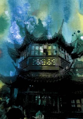 Dijital illüstrasyon. Çin Pagoda. Shanghai.