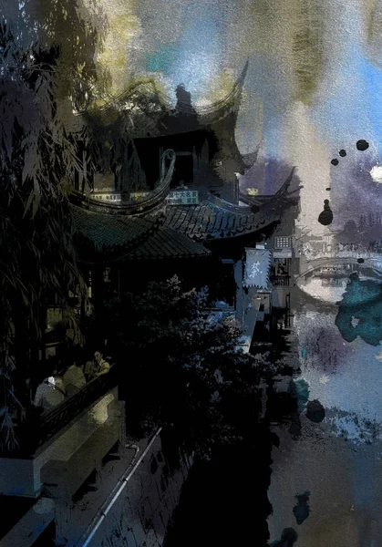 Digital Illustration.Qibao, Town On The Water.  Shanghai.