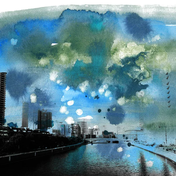 Illustration numérique. Silhouette urbaine sur un backgroun aquarelle — Photo