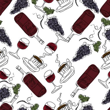 Hand Drawn Illustration. Red wine, glasses of wine, grapes, coff vector Hand Drawn Illustration. Red wine, glasses of wine, grapes, coff vector