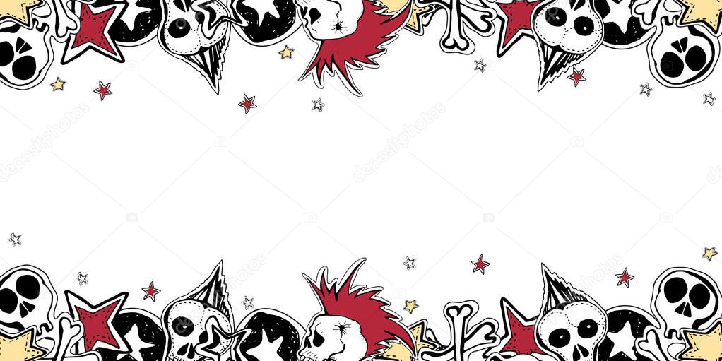 Vector cute rock n roll frame. Hand drawn horizontal banner. 