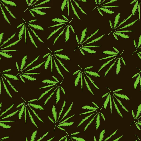 Cannabis leaves. Embroidery.  Hand Drawn Vector Seamless Pattern — Stock Vector