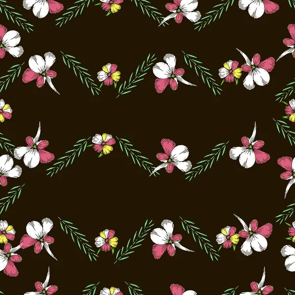 Tropische Blumen. Stickerei. handgezeichnete Vektor nahtlose Muster — Stockvektor