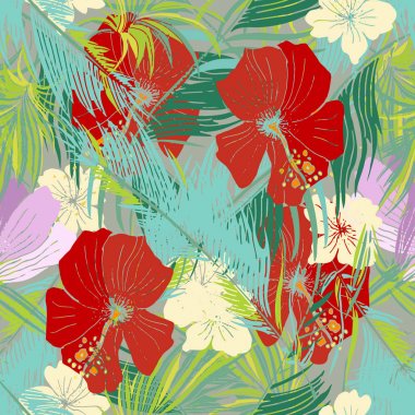 Elle çizilmiş palmiye yaprakları ve tropikal Fl sorunsuz arka plan