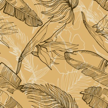 Elle çizilmiş muz yaprakları ve tropikal F sorunsuz arka plan