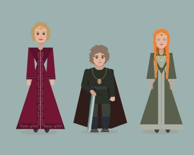 28 Haziran 2017. Vektör sevimli çizgi film karakterleri tahtlar oyunu. Adı Lannister, Tyrion Lannister, Sansa Stark. Düz stil.