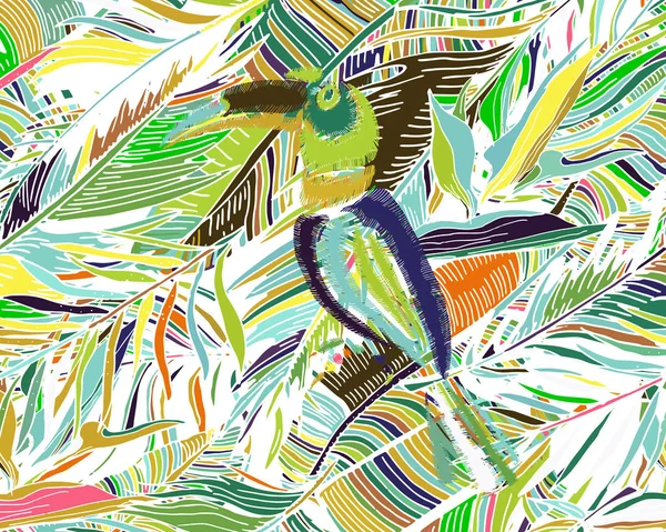 Tropische patroon. Naadloze achtergrond met palmbladeren, Toucan — Stockvector