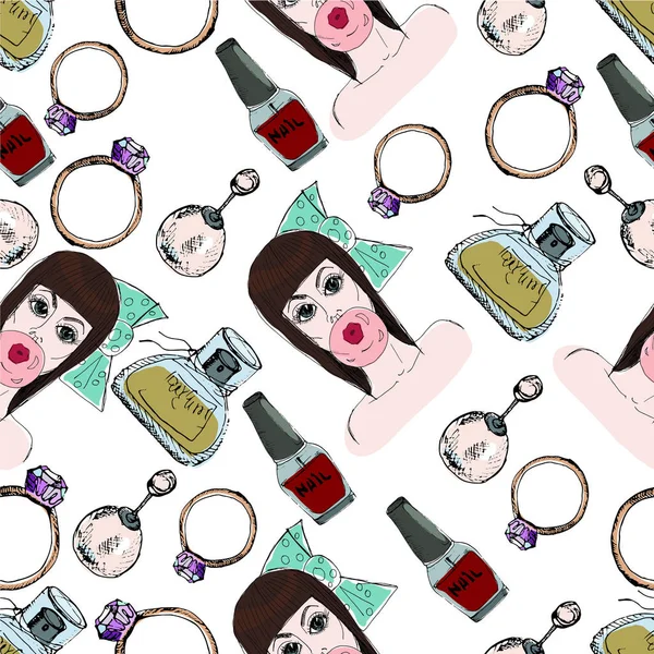 Fashion accessories, cosmetics, jewelry, Vector hand drawn illus