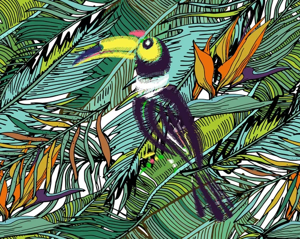 Tropikalny wzór. Bezszwowe tło z liści palmowych, Tukan — Wektor stockowy